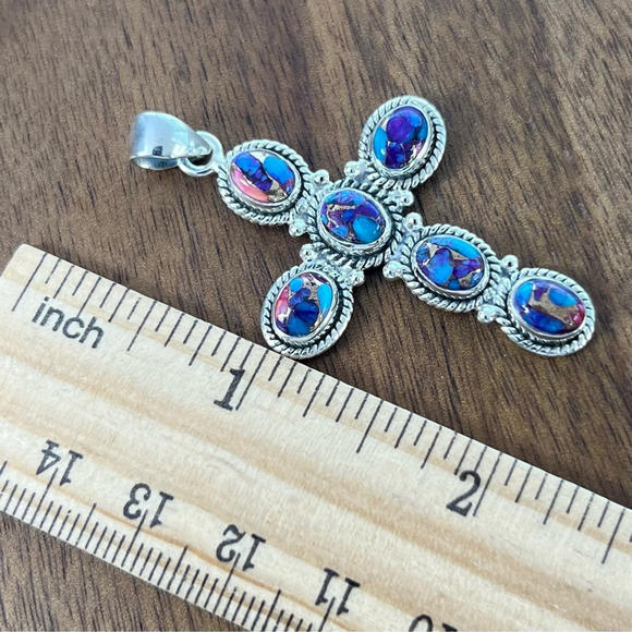 Dahlia Turquoise Cross Pendant Sterling Silver 925 Blue Purple Southwest - Picture 3 of 6